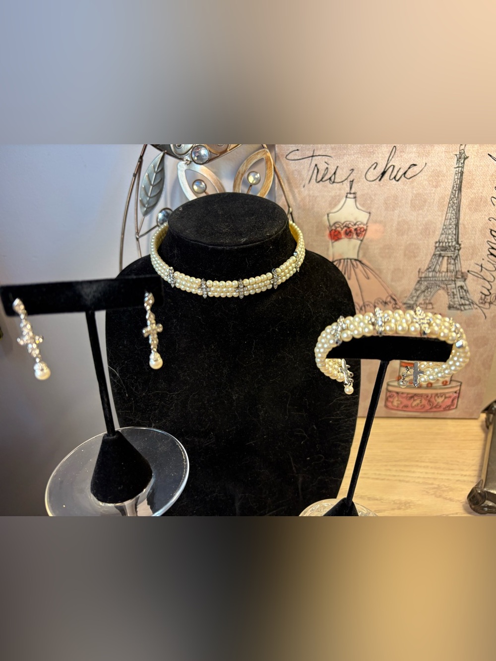 3-Piece Faux Pearl Crystal Necklace Bracelet Earrings Set